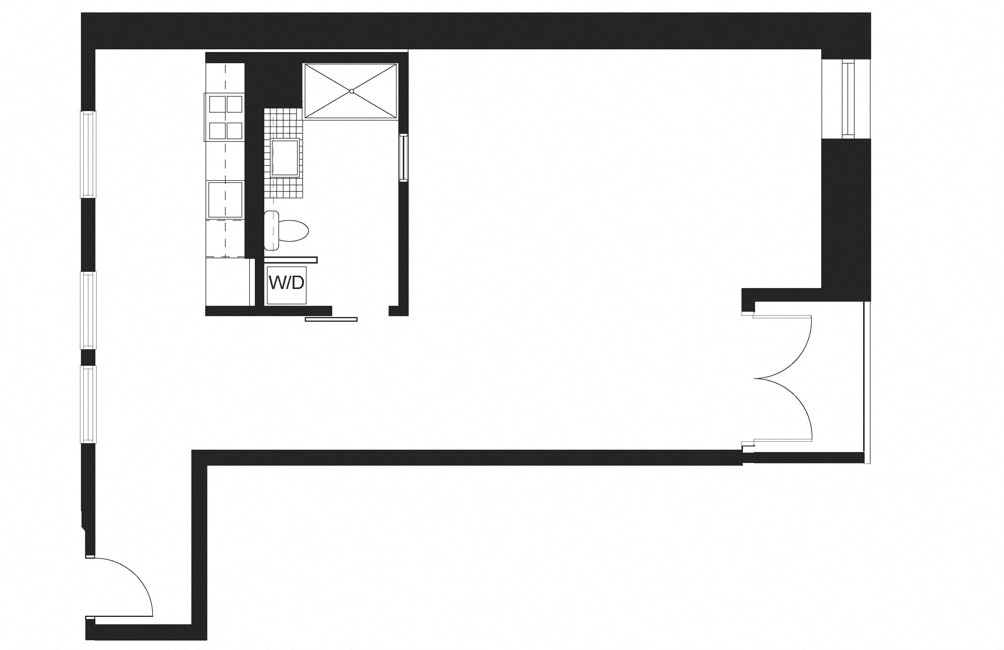 Floor plan for 1 bed, 1 bath, 770 sqft